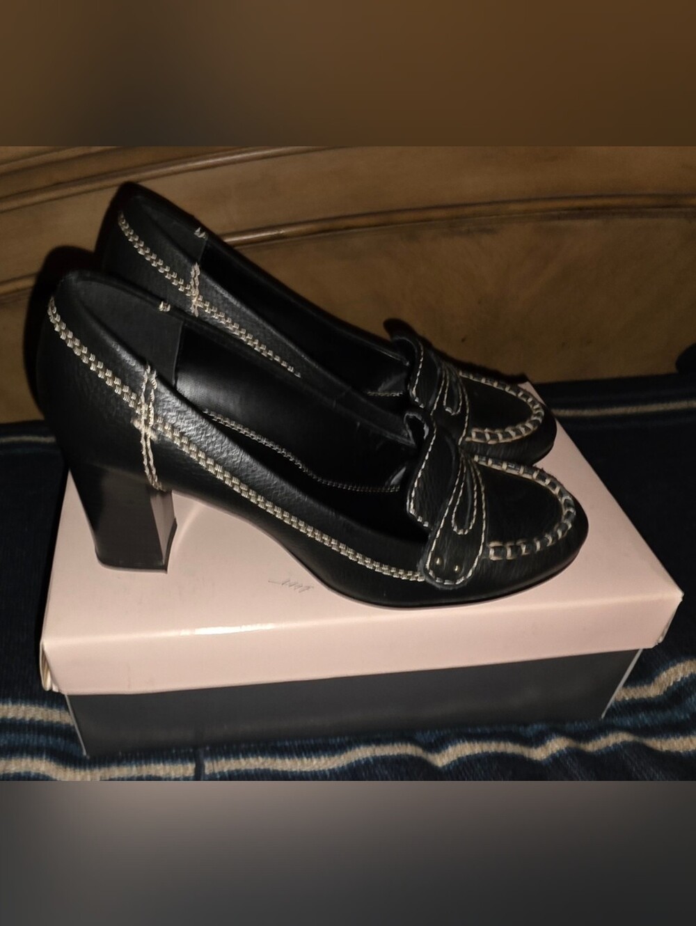 VINTAGE Liz CLAIBORNE Villager 7.5 Black Loafer Block-Heel Pumps Genuine Leather